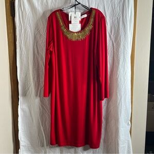 Plus size women’s red dress with amazing gold neck detail. Never worn with tags.